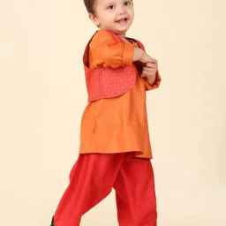 Fabindia Kids Orange & Coral Printed Full Sleeves Kurta, Pants With Jacket image 4