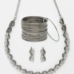 Zeneme Silver Plated Black Toned CZ Studded Jewellery Set image 4