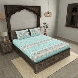 JaipurFabric Serene Teal Cotton 254 TC Elephant Parade Super King Size Bedsheet with 2 Pillow Covers image 4