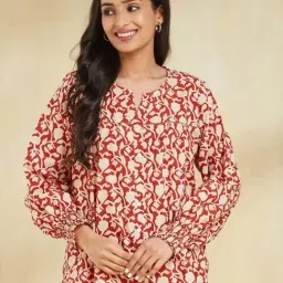 Fabindia Red Cotton Regular Fit Printed Top-picture-23