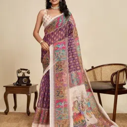 Anjaneya Sarees Purple Woven Linen Silk Printed Designer Saree With Unstitched Blouse-image-5