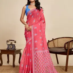 Anjaneya Sarees Pink Woven Linen Silk Printed Designer Saree With Unstitched Blouse-image-37