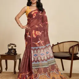 Anjaneya Sarees Brown Woven Linen Silk Printed Designer Saree With Unstitched Blouse-image-85