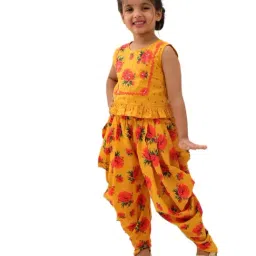 Lil Drama Kids Yellow Cotton Floral Top With Dhoti Set image 3
