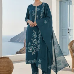Indo Era Floral Embroidered Round Neck Thread Work Straight Kurta & Trousers With Dupatta-picture-31