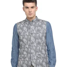 Basics Light Grey Printed Mandarin Collar Waistcoat-image-23