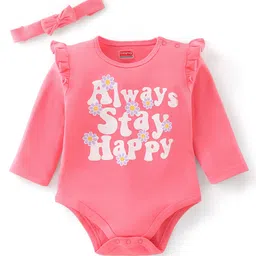 Babyhug 100% Cotton Full Sleeves Onesie with Head Band Text Print - Pink-picture-25