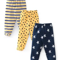 Babyhug Cotton Knit Striped & Stars Printed Bootie Leggings Pack of 3 - Blue & Yellow-image-75