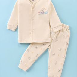 Simply Interlock Knit Full Sleeves Front Open Night Suit with Bear Print - Beige-picture-24