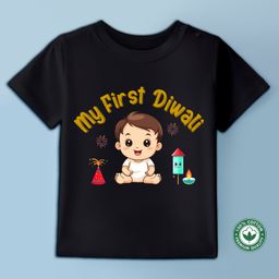 BLUSHES Diwali Theme 100% Cotton Half Sleeves My First Diwali Text Printed Tee - Black-picture-41