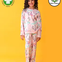 Anthrilo 100% Organic Cotton Knit Full Sleeves Unicorn Printed Coordinating Night Suit Set - Pink-picture-12