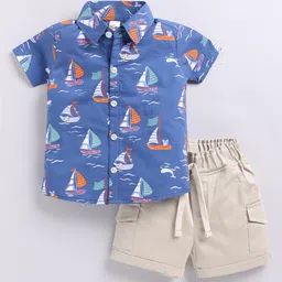 Little Ninja Cotton Knit Half Sleeves Boats Printed Shirt With Shorts Set - Blue & Cream-picture-26
