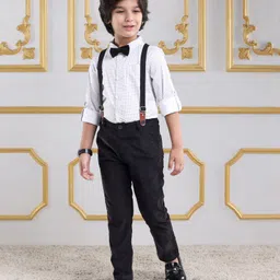 Mark & Mia Full Sleeves Polka Dots Printed Shirt & Trouser Set with Bow & Suspender - Blue & White image 2