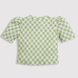 Tiny Girl Half Puffed Sleeves Abstract Embroidered Bow Embellished Top - Green image 3