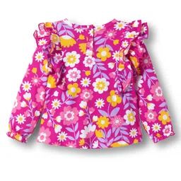 Babyhug 100% Cotton Knit Full Sleeves Top with Floral Print & Frill Detailing - Pink image 2