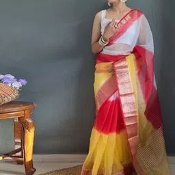 V3 FASHION STUDIO Tie and Dye Zari Organza Saree image 3
