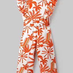 OLLINGTON ST. Looper Knit Frill Sleeves Jumpsuit With Tropical Print - Orange & White image 4