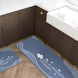 Yellow Weaves 2Pcs Blue & White Printed Kitchen Mats image 2