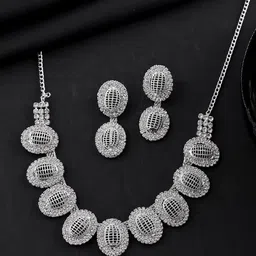 VOJ Silver-Plated American Diamond Studded Oval Shaped Jewellery Set-image-42