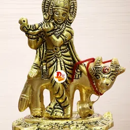 DARIDRA BHANJAN Gold-Toned Krishna With Cow Religious Idol Showpiece-image-82