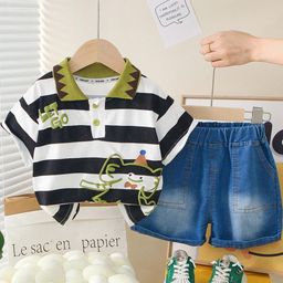 LULU & SKY Boys Striped Pure Cotton T-shirt With Shorts-picture-3