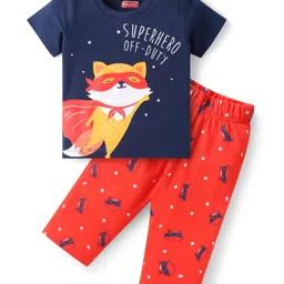 Babyhug Half Sleeves Night Suit Kitty Print - Navy Blue Red-picture-12