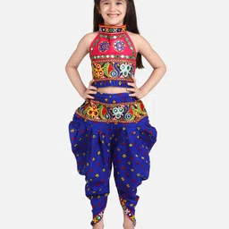 BownBee Peacock Embroidered Halter Neck Sleeveless Choli With Dhoti - Blue-picture-17