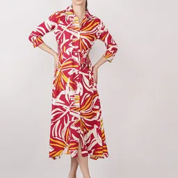 VANGULL Abstract Printed Tie-Ups Roll-Up Sleeves Fit & Flare Midi Dress-picture-12