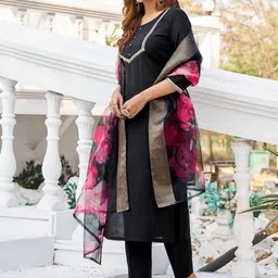 SZN Yoke Design Round Neck Pure Silk Straight Kurta With Trousers And Dupatta image 3