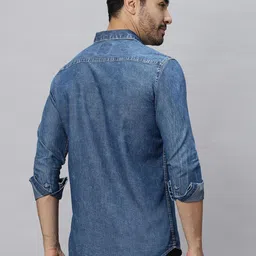 HJ HASASI Men Relaxed Fit Spread Collar Solid Denim Casual Shirt image 3