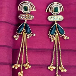 House of Pataudi Gold-Plated Contemporary Stones Studded Tassels Drop Earrings-picture-58