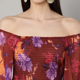 Amagyaa Floral Print Off-Shoulder Bishop Sleeve Georgette A-Line Maxi Dress image 5