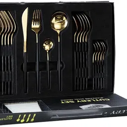 iktu 24-Piece Steel Cutlery Set Tableware Gift Dining Table Decor (Black-Gold) Stainless Steel Cutlery Set-picture-12