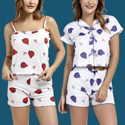 Clothus Pack Of 2 Conversational Printed Shoulder Strap Sleeveless Satin Top With Shorts-picture-33