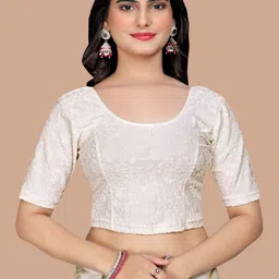 SHREEJI DESIGNER Woven Design Round Neck Short Sleeves Velvet Saree Blouse image 1