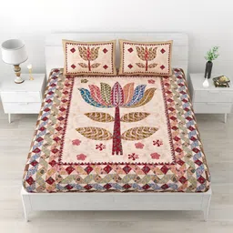 MILAAV Cream-Coloured Ethnic Motifs 144 TC Bedsheet with 2 Pillow Covers-picture-20