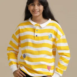 UNDER FOURTEEN ONLY Girls Striped Henley Neck Cotton T-shirt-picture-33