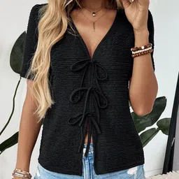 StyleCast x Revolte Women Black V Neck Tie-Ups Top-image-66