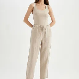 DeFacto Women Mid-Rise Solid Striped Regular Trousers-image-19