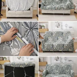 HOKIPO Frost Grey Marginata Print 5 Seater Fully Covered Stretchable Sofa Cover image 5