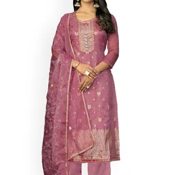 HERE&NOW Floral Woven Design Zari Organza Unstitched Dress Material-picture-16