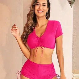 Women Fuzzy V-Neck High-Waist Swim Bikini Set image 5