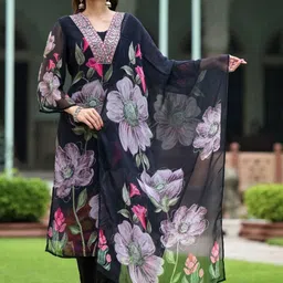 Meena Bazaar Women Floral Printed Regular Thread Work Kurta with Trousers & With Dupatta-picture-19