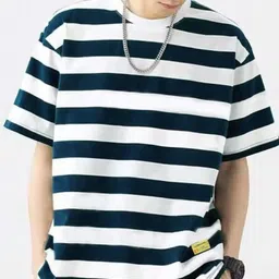 LAUREN ADAMS Men Striped Drop-Shoulder Sleeves Raw Edge T-shirt-picture-11