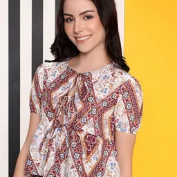 Kotty Print Tie-Up Neck Crepe Crop Top image 2