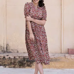 Krunal Raiyani Women Floral Print Puff Sleeve Fit and Flare Midi Dress-picture-30
