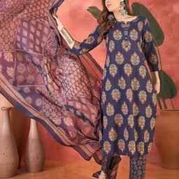 Vastramyaa Floral Printed Notch Neck Cotton Straight Kurta With Trousers & Dupatta-image-56