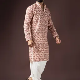 Rawayi Ethnic Motifs Printed Thread Work Mandarin Collar Straight Kurta image 5