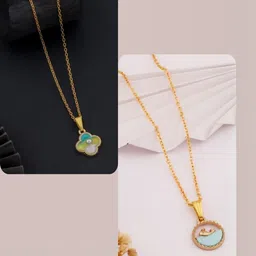 SZN Set Of 2 Gold-Plated Stones & Pearls Studded Floral Enamelled Pendants With Chains-picture-30