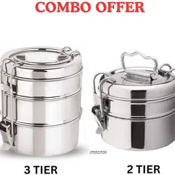 udine Stainless Steel Lunch Box/Tiffin with Locking Clip, combo offer 3 Containers Lunch Box image 1
